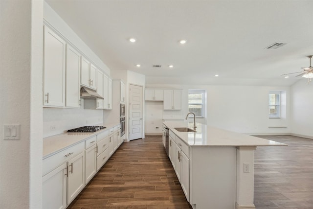 kitchen with dark hardwood / wood-style floors, sink, white cabinets, a kitchen island with sink, and stainless steel appliances