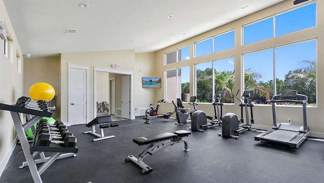 workout area featuring a towering ceiling