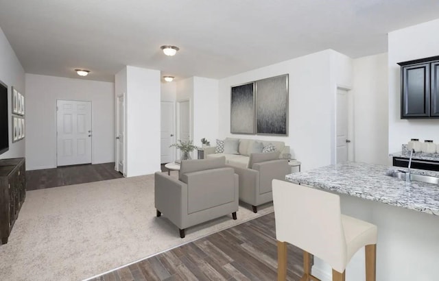 living room with sink and dark hardwood / wood-style flooring