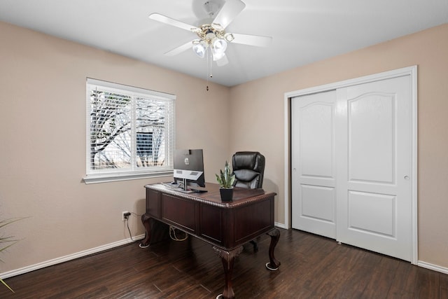 office space with dark hardwood / wood-style floors and ceiling fan