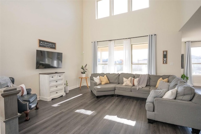 living room featuring dark hardwood / wood-style floors and a towering ceiling