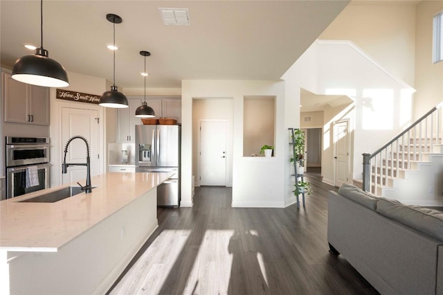 352 Grace Lilly Dr, Buda, TX 78610 - kitchen with stainless steel appliances, a sink, dark wood-type flooring, decorative light fixtures, and a center island with sink