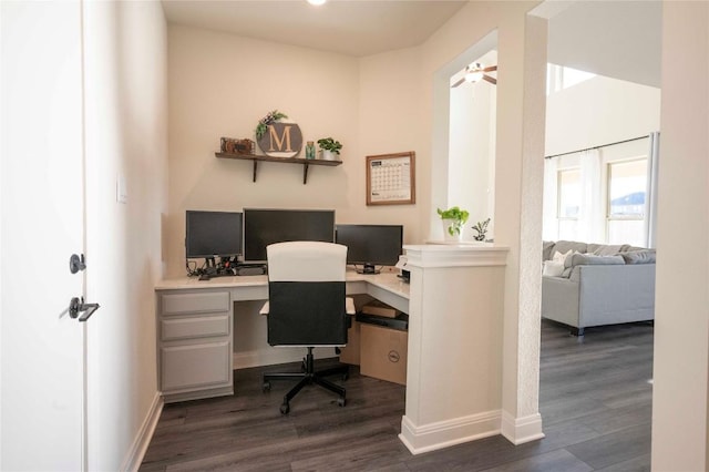 home office with ceiling fan and dark hardwood / wood-style flooring