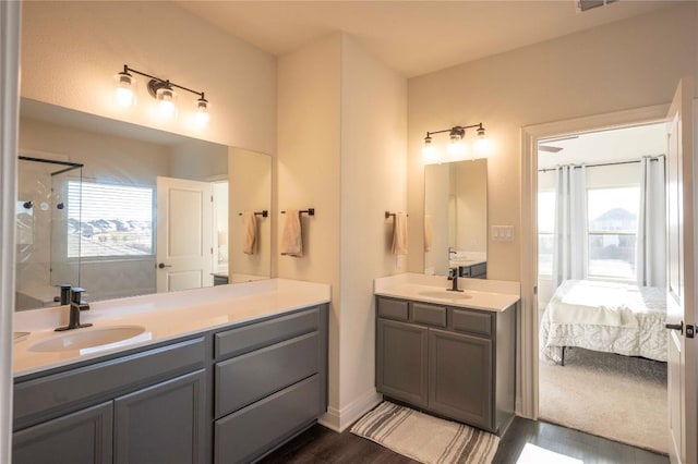 bathroom with vanity and hardwood / wood-style floors