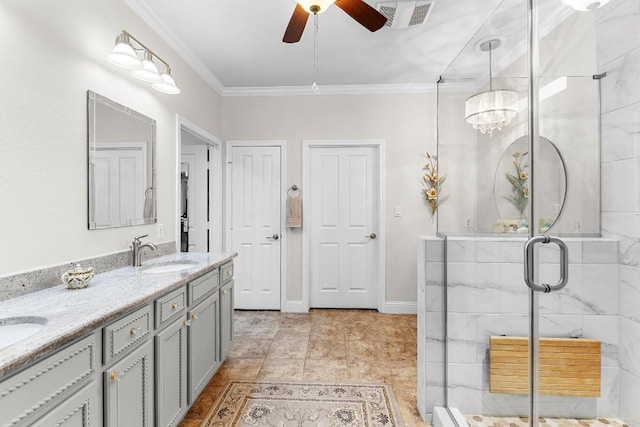 bathroom with vanity, ceiling fan, a shower with door, crown molding, and tile patterned floors