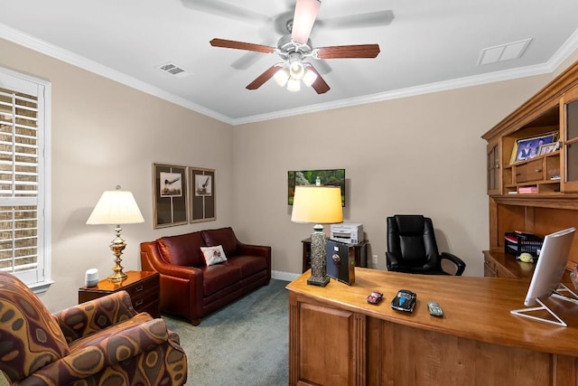 carpeted office with ornamental molding and ceiling fan