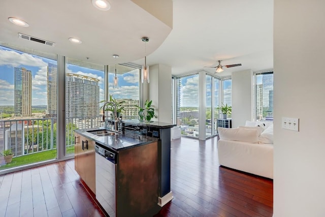 kitchen featuring stainless steel dishwasher, open floor plan, floor to ceiling windows, a sink, and dark wood finished floors