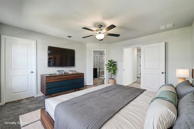 carpeted bedroom with ceiling fan