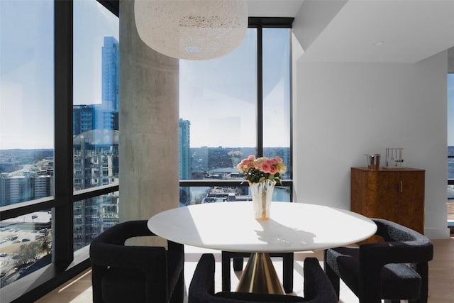 dining area with floor to ceiling windows and wood-type flooring