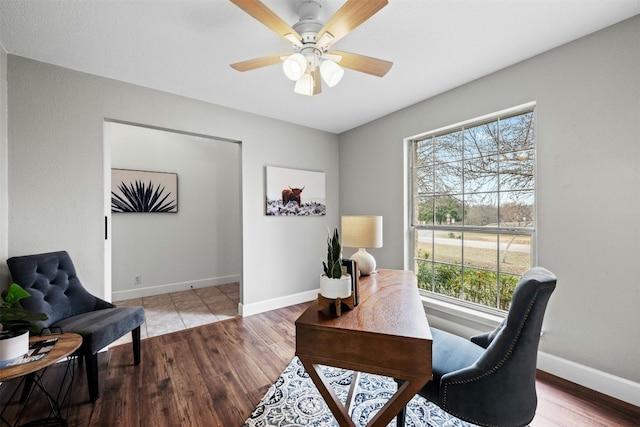 office featuring ceiling fan and light wood-type flooring