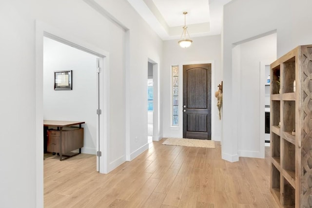 entryway featuring a tray ceiling and light hardwood / wood-style flooring