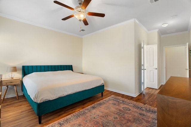 bedroom with crown molding, dark wood-type flooring, and ceiling fan