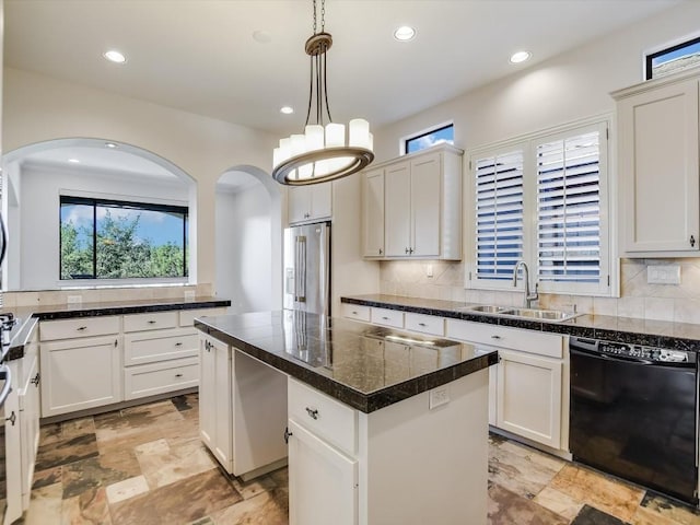 kitchen featuring white cabinetry, dishwasher, sink, high end refrigerator, and a center island