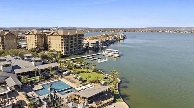 drone / aerial view with a water view