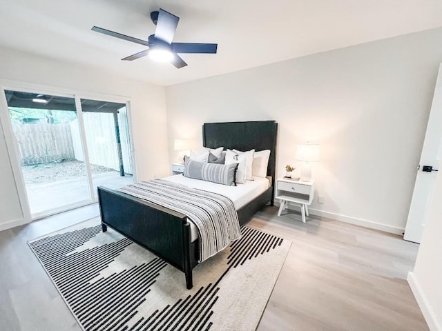 bedroom featuring ceiling fan, access to exterior, and light hardwood / wood-style floors