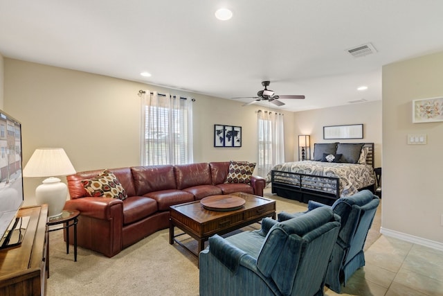 1005 Highknoll Ln, Georgetown, TX 78628 - living room with recessed lighting, a ceiling fan, light carpet, and baseboards