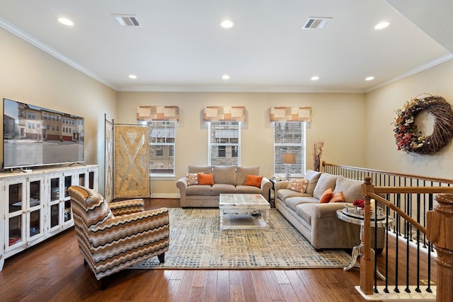 1005 Highknoll Ln, Georgetown, TX 78628 - living area featuring hardwood / wood-style flooring, recessed lighting, crown molding, and baseboards
