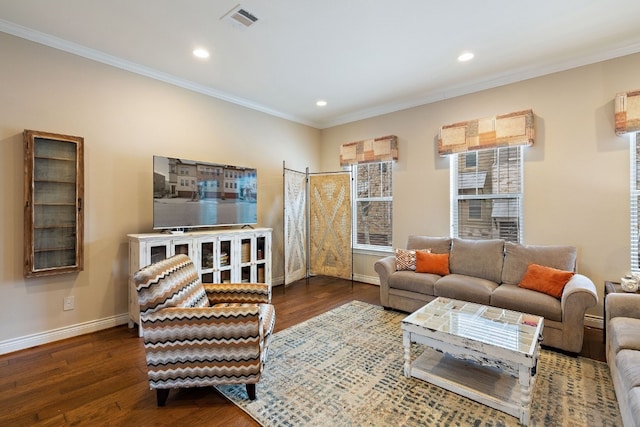 1005 Highknoll Ln, Georgetown, TX 78628 - living room with baseboards, ornamental molding, wood finished floors, and recessed lighting