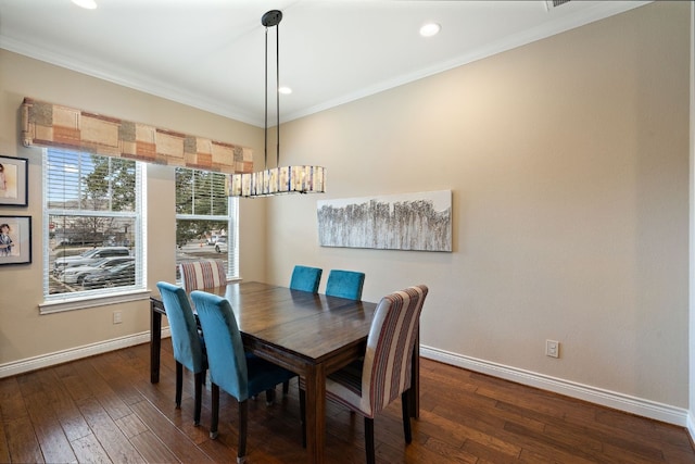 1005 Highknoll Ln, Georgetown, TX 78628 - dining space featuring baseboards, crown molding, dark wood-type flooring, and recessed lighting