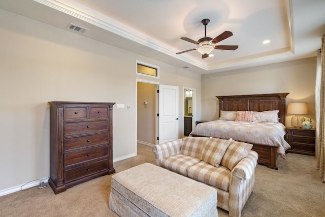 1005 Highknoll Ln, Georgetown, TX 78628 - bedroom with light colored carpet, a raised ceiling, baseboards, recessed lighting, and ceiling fan