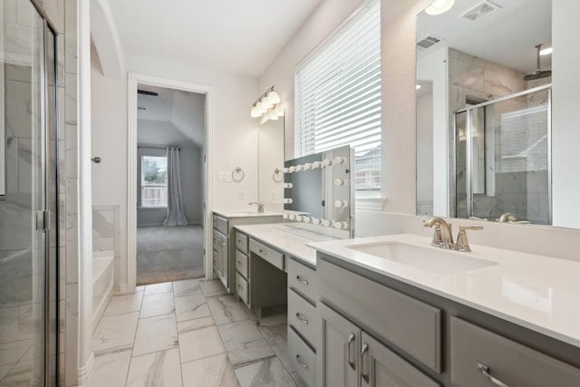 full bath with a stall shower, visible vents, marble finish floor, vanity, and a bath