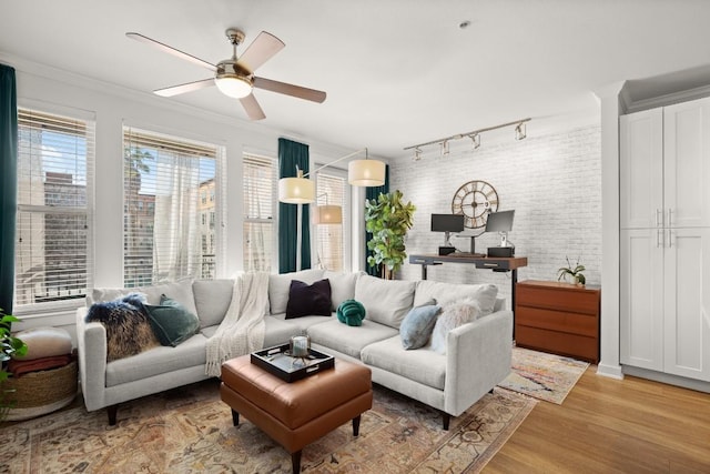 living room featuring ceiling fan, track lighting, ornamental molding, brick wall, and light wood-type flooring