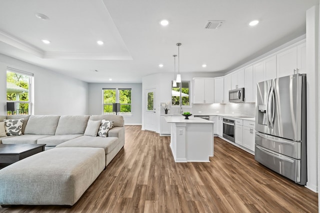 kitchen featuring appliances with stainless steel finishes, hanging light fixtures, white cabinets, a kitchen island, and a raised ceiling