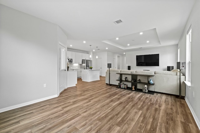 living room featuring hardwood / wood-style floors and a raised ceiling