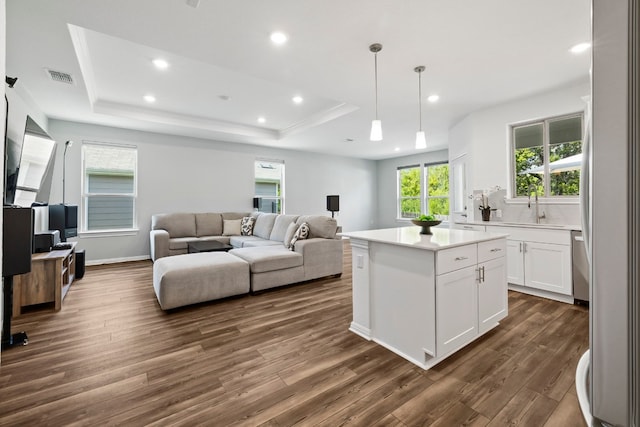 kitchen with pendant lighting, sink, a center island, white cabinets, and a raised ceiling