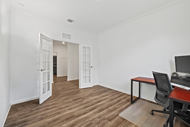 office featuring ornamental molding, dark hardwood / wood-style flooring, and french doors