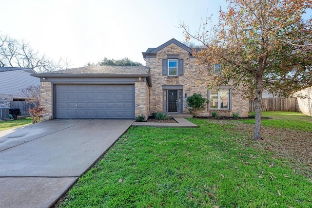 view of property with a garage, a front yard, and cooling unit