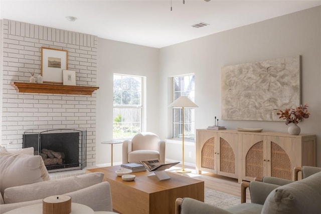 living room featuring a fireplace and light hardwood / wood-style flooring