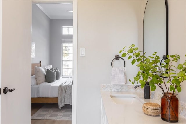 bathroom featuring ornamental molding and vanity