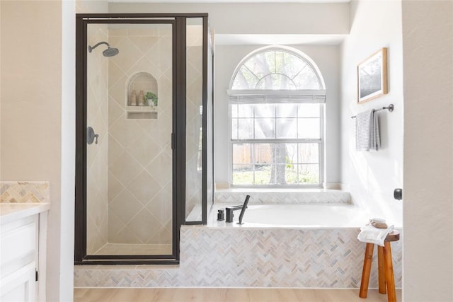 bathroom featuring vanity, plenty of natural light, and plus walk in shower