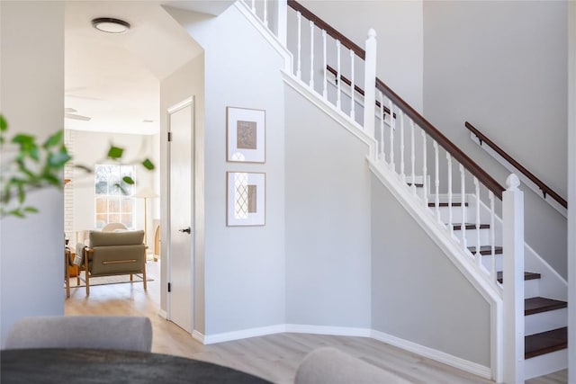 staircase with hardwood / wood-style flooring