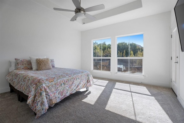 bedroom featuring carpet, ceiling fan, and a tray ceiling