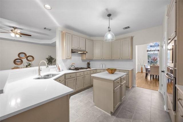 kitchen featuring sink, a center island, kitchen peninsula, pendant lighting, and stainless steel appliances