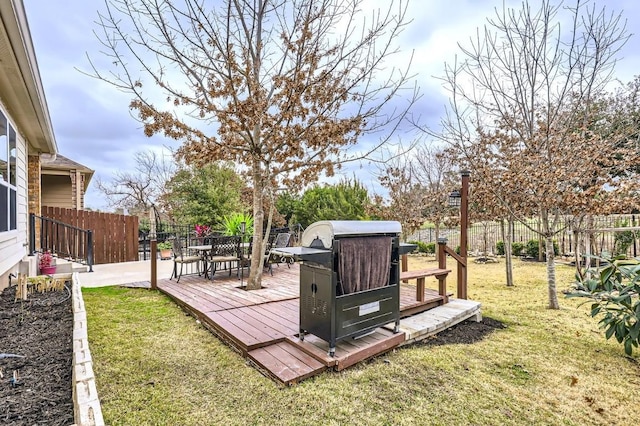 view of yard featuring a fenced backyard and a wooden deck