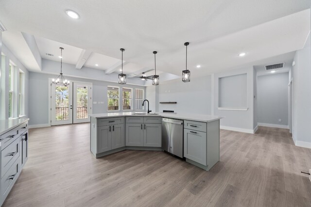 kitchen featuring sink, gray cabinetry, decorative light fixtures, a center island with sink, and stainless steel dishwasher