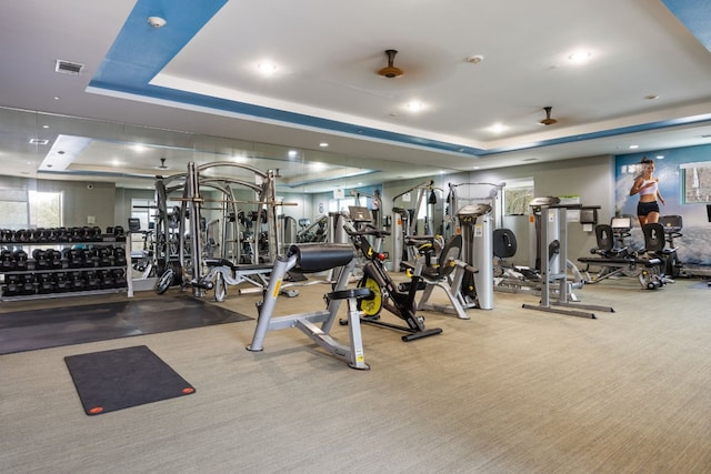 workout area featuring light carpet and a tray ceiling