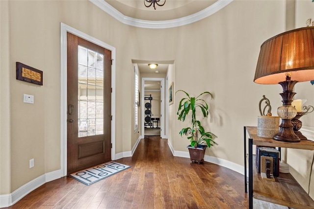 entryway with crown molding and dark wood-type flooring