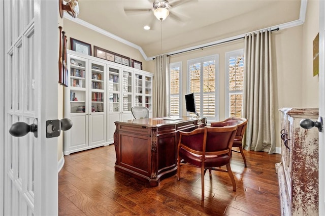 office space with crown molding, ceiling fan, and hardwood / wood-style flooring