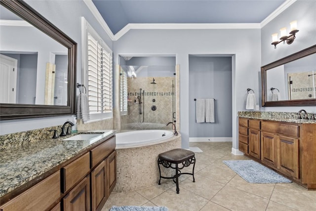 bathroom with crown molding, vanity, independent shower and bath, and tile patterned flooring