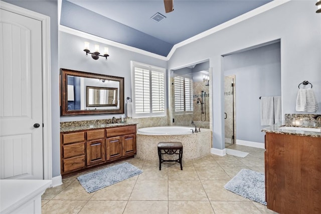 bathroom with lofted ceiling, separate shower and tub, ornamental molding, vanity, and tile patterned flooring