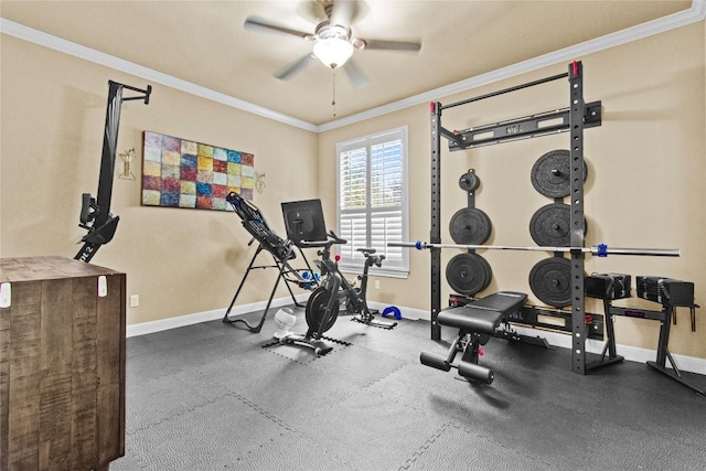 workout area with crown molding and ceiling fan