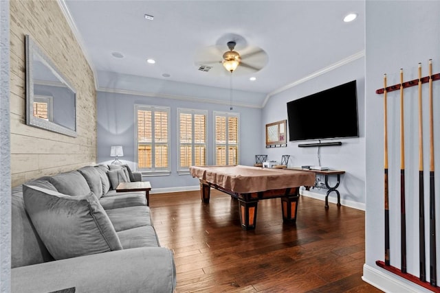 playroom featuring dark hardwood / wood-style flooring, ornamental molding, ceiling fan, and billiards