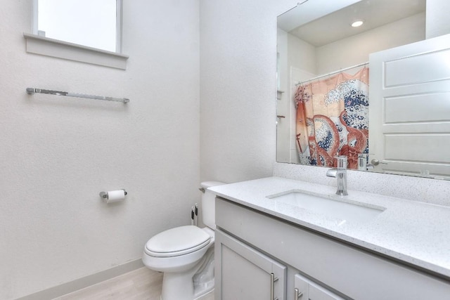 bathroom featuring a shower with shower curtain, toilet, wood finished floors, and vanity