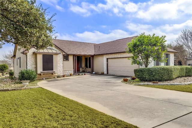 ranch-style home with a garage and a front lawn