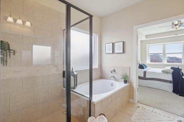 bathroom with tile patterned flooring, plus walk in shower, and ceiling fan