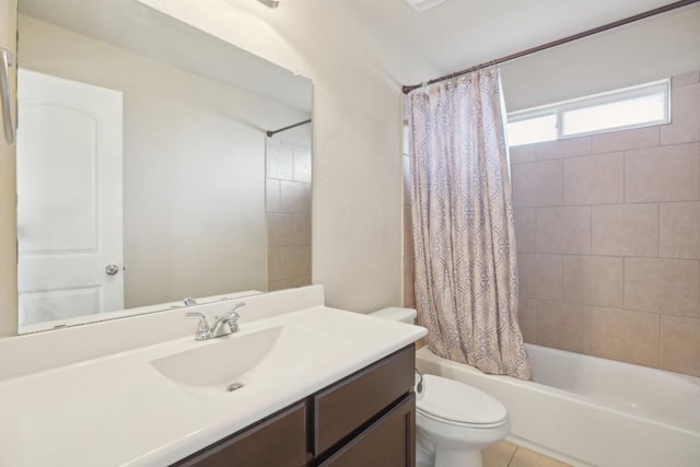 full bathroom featuring shower / bath combination with curtain, vanity, toilet, and tile patterned flooring